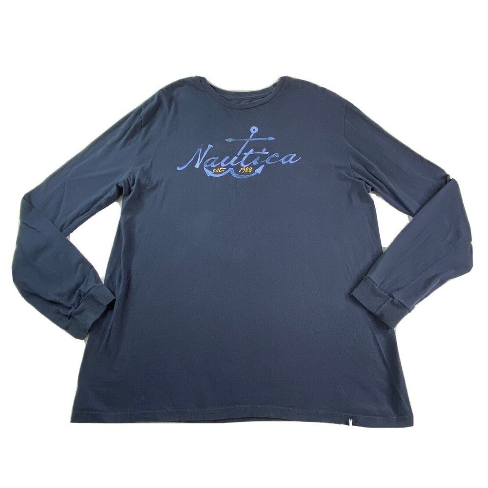 Nautica Shirt XL Navy Anchor Graphic Logo Tee Coastal Preppy Streetwear Spellout